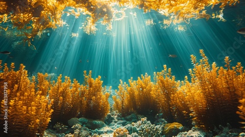Sunlight piercing through a vibrant underwater kelp forest, highlighting the natural beauty and biodiversity of marine life