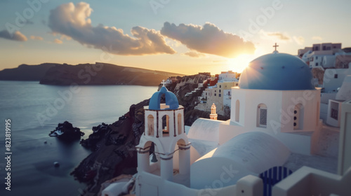 The quiet splendor of Santorini's hillside, with its signature blue and white palette, captured in the warm glow of the setting sun, for a vintage postcard without any figures. 