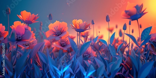 Abstract Blossoms A Modernist Landscape at Dawn, Radiant Geometry 3D Flower Garden in Dawn Light