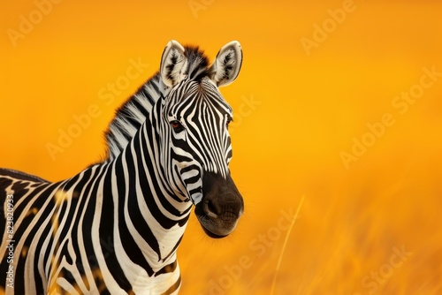 Zebra posing with striking black-and-white stripes, warm sunset light enhancing its beauty