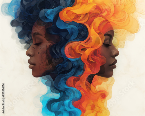 illustration of the faces a black female couple looking in opposite directions representing concepts such as janus face, diversity, relationship