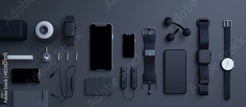 Modern electronic gadgets including smartwatches, smartphones, headphones, and accessories displayed on a dark background.