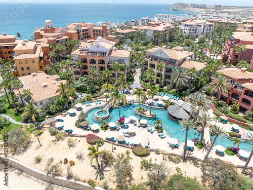 Aerial view of big resorts with pool in Cabo San Jose, Baja California Sur, Mexico