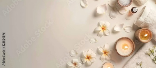 Serene spa setting with candles, plumeria flowers, petals, and towels