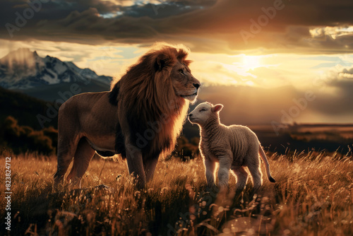 A lion and lamb standing together in the grassy meadow, 