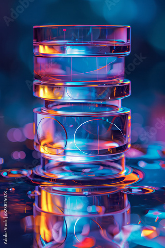 Illustration of an eyeglass lens with its multiple coatings and layers floating apart, each layer reflecting different colors,