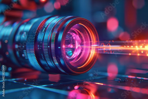 Illustration of a lens used in a laser, with its precise glass elements and coatings floating and bending laser beams,