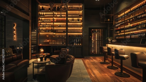 Elegant and cozy wine bar with dim lighting, showcasing a wide selection of wines on backlit shelves and comfortable seating.