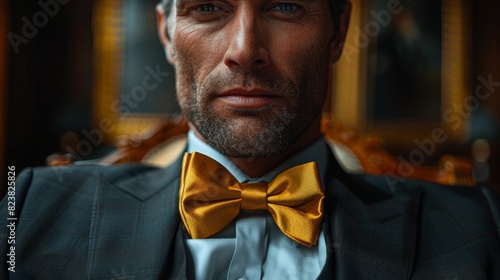 Stylish man in black suit with golden bow tie