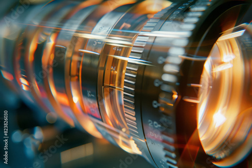 A close-up of a cinema lens, with its multiple glass elements and aperture blades separated and casting cinematic light patterns,