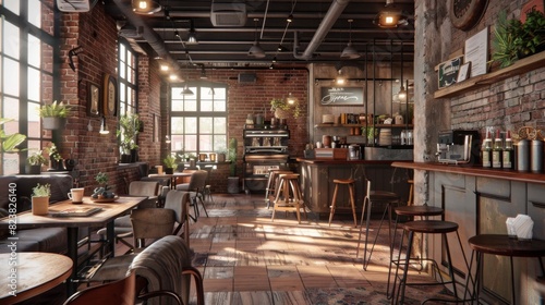 rustic coffee shop with exposed brick walls, vintage decor, and comfortable seating, with the aroma of freshly brewed coffee filling the air. 