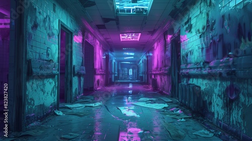 Eerie hospital ward with mint green walls, floating pink syringes, twisted blue shadows, and ghostly patients in violet lighting.
