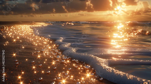A beach where the sand is replaced by shimmering pearls, each one glowing with its own inner light