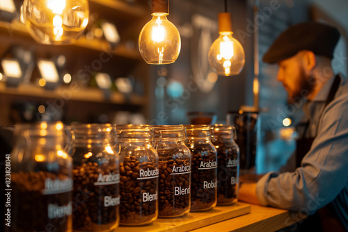 A man is standing behind a counter with jars of coffee beans labeled Arabica