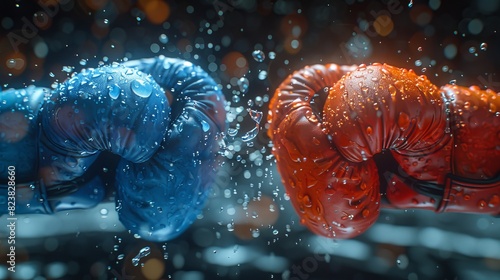 Red boxing gloves and blue boxing gloves go toe-to-toe.
