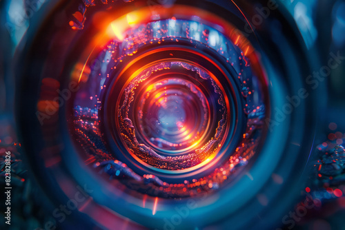 Abstract image of a lens surrounded by spirals of light, each spiral twisting and turning in dynamic motion,