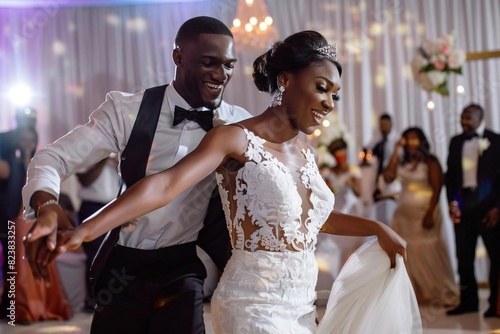 Newlywed couple shares first dance at wedding reception