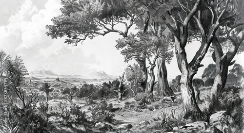vintage black and white illustration of a forest