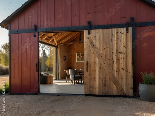 Rustic barn with a modern touch and large sliding doors, generative AI
