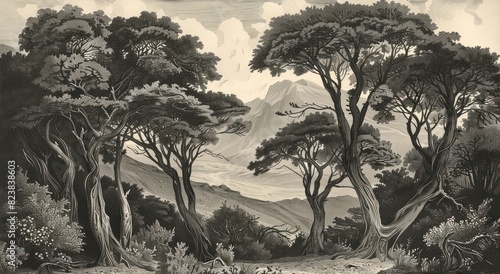 vintage black and white illustration of a forest