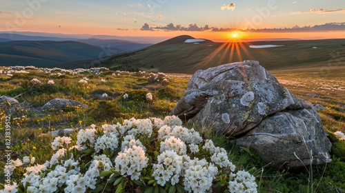 a mountain landscape as the sun sets behind Mount, adorned with white rhododendron flowers and lush green grass on its slopes, with a majestic volcano in the distance.