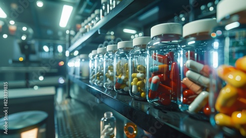 Close-up of a variety of colorful pills and capsules in glass jars on a shelf in a modern pharmacy.