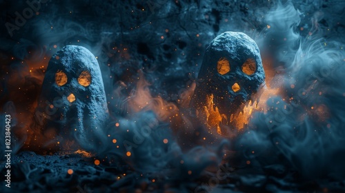 Two Halloween pumpkins with fiery eyes emerge from mystical blue smoke