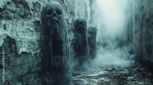 A surreal scene with obscured-faced statues in an alley, invoking a sense of mystery and fear
