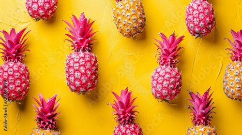 A row of pink and orange pineapple slices on a yellow background