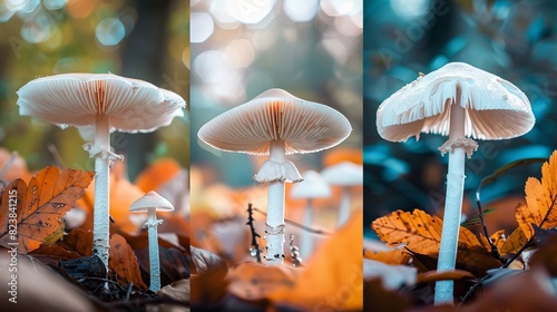 Three photos of a white mushroom with a brown stem growing in a forest. The mushroom is in focus and the background is blurred.