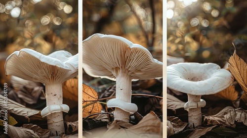 Three white mushrooms in the forest.