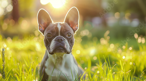 Dog (Boston Terrier). Isolated on green grass in park 