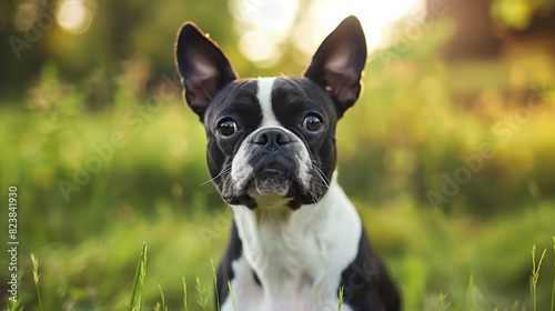 Dog (Boston Terrier). Isolated on green grass in park 