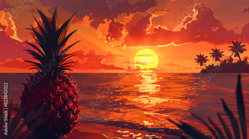  Silhouette d'un ananas contre un coucher de soleil, palmiers en arrière-plan.