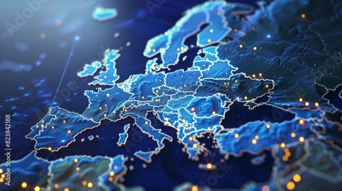 Digital map of Western Europe, concept of European Union network and connectivity, data transfer and cyber tech, business and information exchange and telecommunication