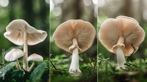 Three white mushrooms in the forest