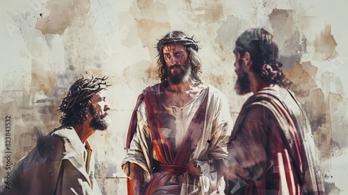 Jesus before Pilate, being questioned and judged. , watercolor style, white background