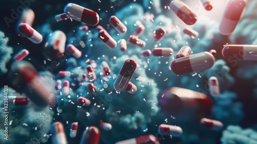 Red and white pills capsule floating in blue abstract background.