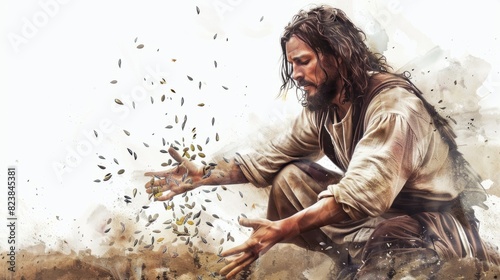 The parable of the sower, with Jesus scattering seeds. , watercolor style, white background