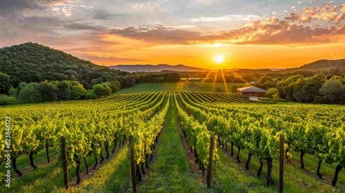 Beautiful vineyard landscape at sunset with rows of grapevines and scenic hills in the background, perfect for nature and agriculture themes.