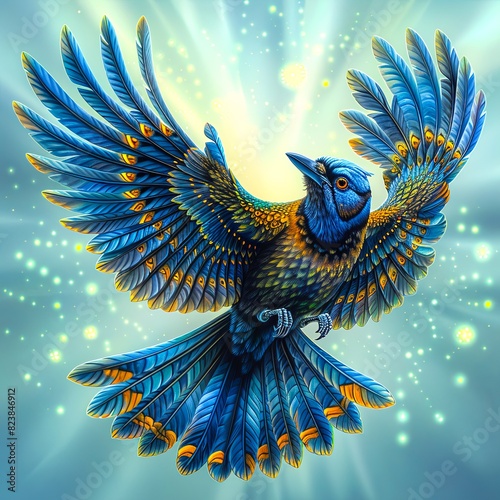 A bluebird with outspread wings soars through a field of stars.