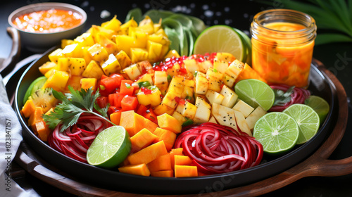 A vibrant platter of fresh tropical fruits including mango, lime, and dragon fruit, with a jar of pickled fruits and dipping sauce.