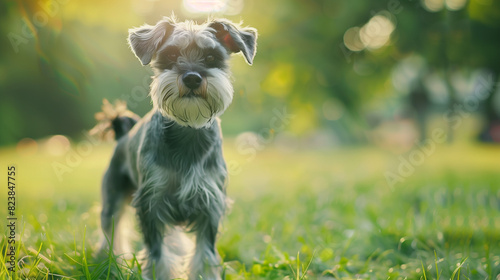 Dog (Miniature Schnauzer). Isolated on green grass in park