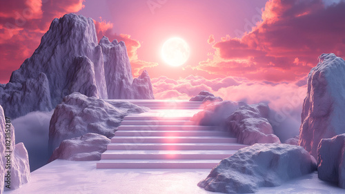 3D render the throne podium of the goddess living place. dreamy of the heaven sense decoration by Roman stigma elements, sky landscape background starry 