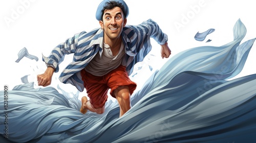A cartoon illustration of a man humorously escaping a wave of paperwork, depicting stress and deadlines