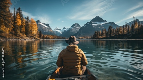 A person in a canoe observes a stunning autumn landscape with mountain peaks reflecting on a lake