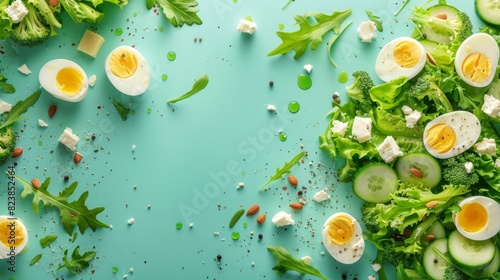 Chic and Trendy Advertising Banner of Cobb Salad Ingredients on a Fashionable Teal Background for Modern Culinary Promotions