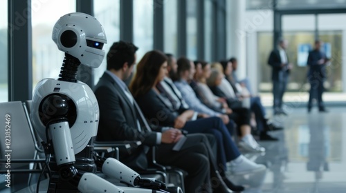 The picture of the unemployed robot sitting next to the group of human for an appointment of the interview, the interview require preparation, resume review, practice and communication skill. AIG43.