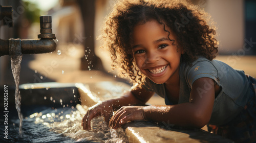 Happy young girl with curly hair playing and splashing water at an outdoor fountain in sunlight