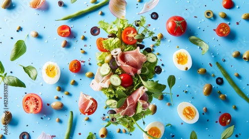 Vibrant Advertising Banner with Nicoise Salad Ingredients Floating in Mid Air - Fresh Summer Food Concept for Design, Print, Card, Poster